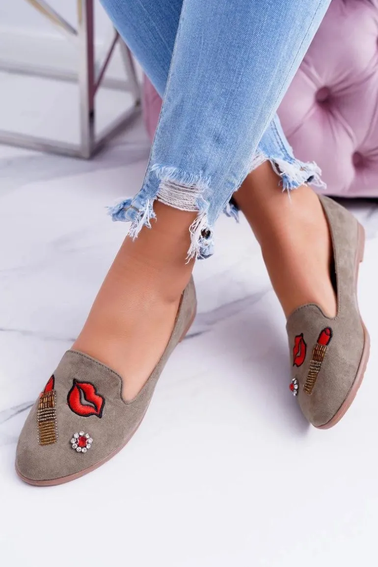 Oliwkowe Damskie Baleriny Naszywki Lipstick