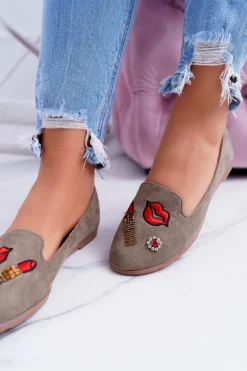 Oliwkowe Damskie Baleriny Naszywki Lipstick