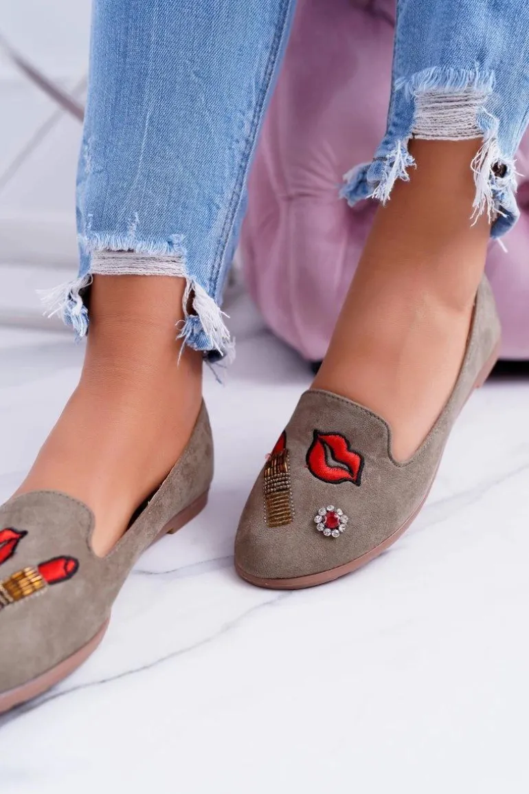 Oliwkowe Damskie Baleriny Naszywki Lipstick