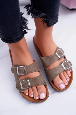 Oliwkowe Zamszowe Korkowe Damskie Klapki Klamry Beatris