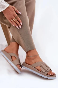 Pachnące Klapki Damskie Z Ozdobną Klamrą ZAXY RR285076 Beżowe