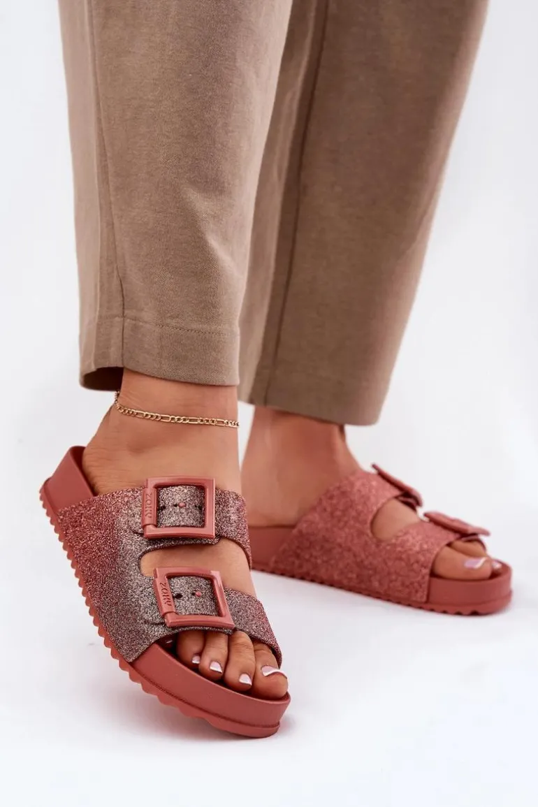 Pachnące Klapki Damskie Z Brokatem I Klamrami ZAXY RR285025 Brudny Róż