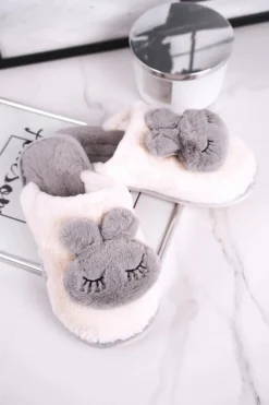 Papcie Damskie Futrzane Biało Szare Rabbit