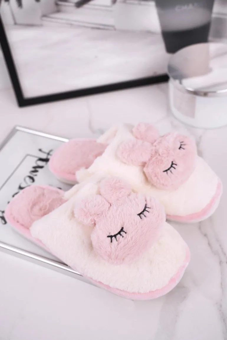 Papcie Damskie Futrzane Biało Różowe Rabbit