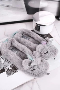 Papcie Damskie Futrzane Jednorożce Szare Rainbow