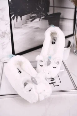 Papcie Damskie Futrzane Jednorożce Białe Rainbow