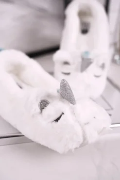 Papcie Damskie Futrzane Jednorożce Białe Rainbow