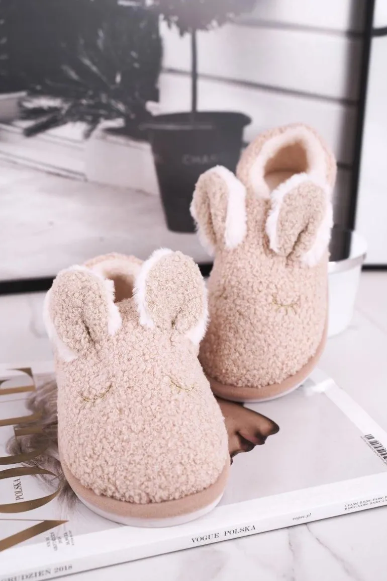 Papcie Damskie Futrzane Zajączek Beżowe Goody