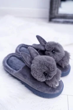 Papcie Damskie Klasyczne Z Królikiem Szare Howi