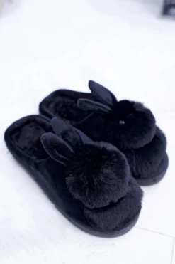 Papcie Damskie Klasyczne Z Królikiem Czarne Howi