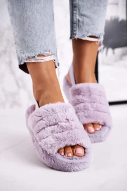 Papcie Damskie na Platformie Futrzane Fioletowe Snowflake