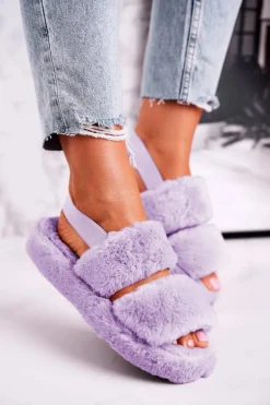 Papcie Damskie na Platformie Futrzane Fioletowe Cotton Candy