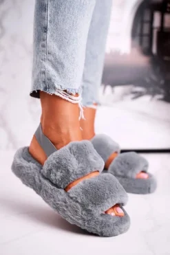 Papcie Damskie na Platformie Futrzane Szare Cotton Candy
