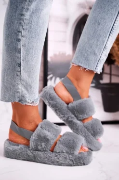 Papcie Damskie na Platformie Futrzane Szare Cotton Candy