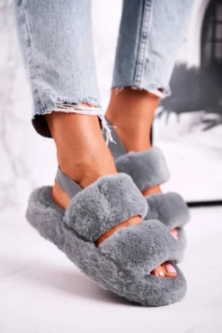 Papcie Damskie na Platformie Futrzane Szare Cotton Candy