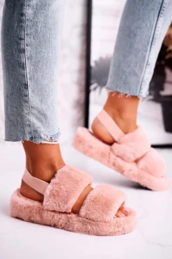 Papcie Damskie na Platformie Futrzane Pomarańczowe Cotton Candy