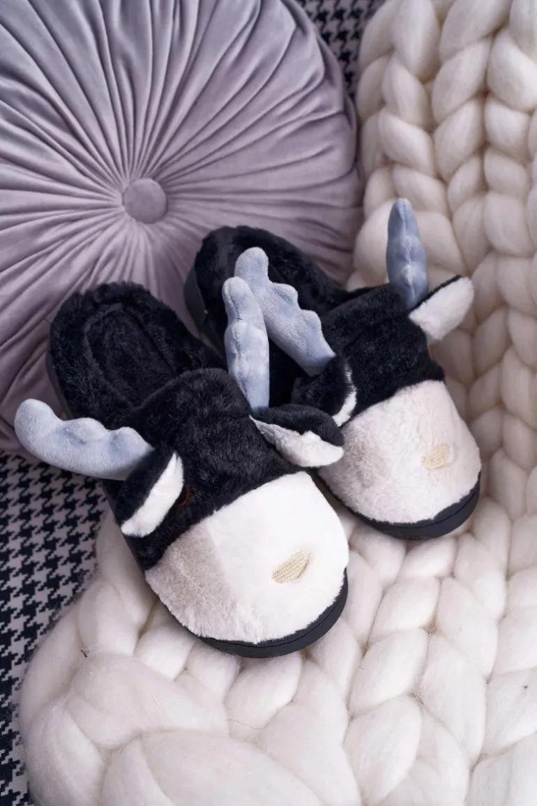 Papcie Damskie Z Futerkiem Renifery Czarne Deff