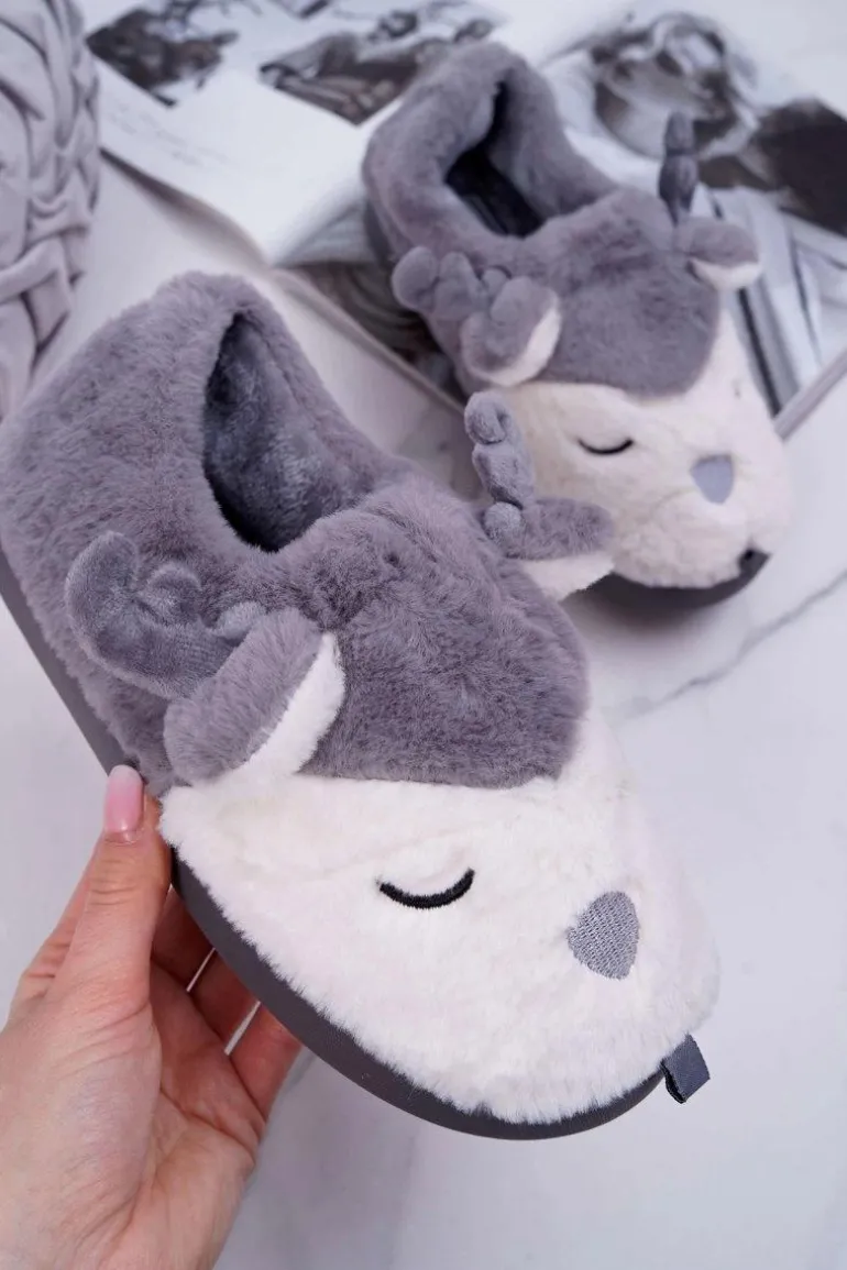 Papcie Damskie Z Futerkiem Renifery Szare Reindeer