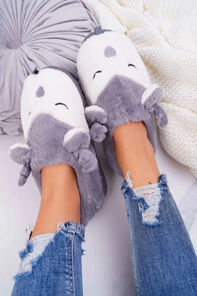 Papcie Damskie Z Futerkiem Renifery Szare Reindeer