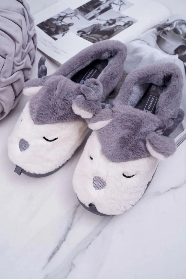 Papcie Damskie Z Futerkiem Renifery Szare Reindeer