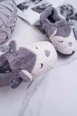 Papcie Damskie Z Futerkiem Renifery Szare Reindeer