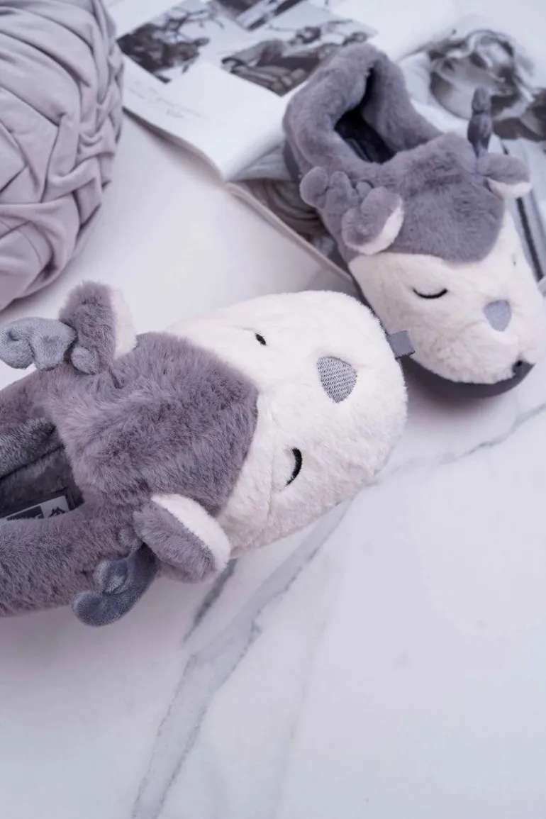 Papcie Damskie Z Futerkiem Renifery Szare Reindeer