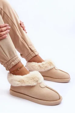 Papcie Damskie Z Futerkiem Jasnobeżowe Lanoze