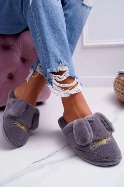 Papcie Damskie Z Futerkiem I Uszkami Szare Semmi