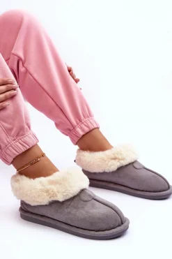 Papcie Damskie Z Futerkiem Szare Lanoze