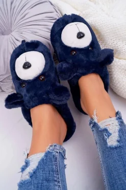 Papcie Damskie Z Futerkiem Miś Granatowe Bear