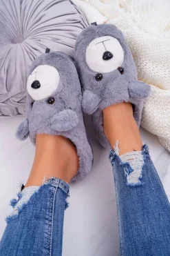 Papcie Damskie Z Futerkiem Miś Szare Bear
