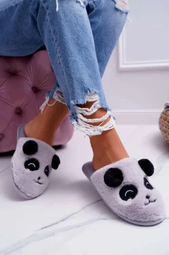 Papcie Damskie Z Futerkiem Pandy Jasno Szare Fimeo