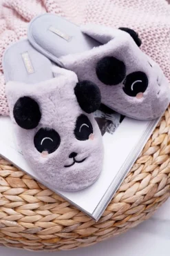 Papcie Damskie Z Futerkiem Pandy Jasno Szare Fimeo