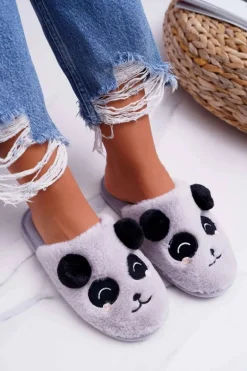 Papcie Damskie Z Futerkiem Pandy Jasno Szare Fimeo