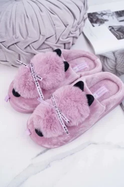 Papcie Damskie Z Futerkiem Kotek Różowe Kitty