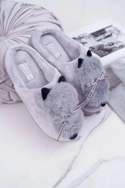 Papcie Damskie Z Futerkiem Kotek Szare Kitty