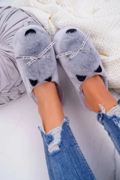 Papcie Damskie Z Futerkiem Kotek Szare Kitty