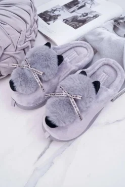 Papcie Damskie Z Futerkiem Kotek Szare Kitty