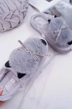 Papcie Damskie Z Futerkiem Kotek Szare Kitty