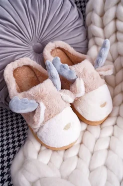 Papcie Damskie Z Futerkiem Renifery Beżowe Deff