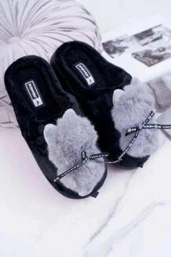 Papcie Damskie Z Futerkiem Kotek Czarne Kitty