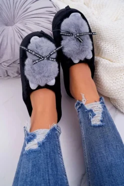 Papcie Damskie Z Futerkiem Kotek Czarne Kitty