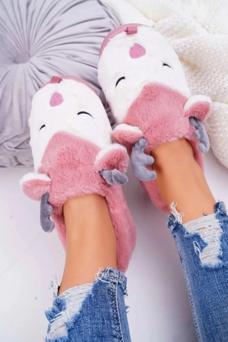 Papcie Damskie Z Futerkiem Renifery Ciemny Róż Reindeer