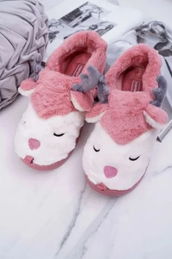 Papcie Damskie Z Futerkiem Renifery Ciemny Róż Reindeer