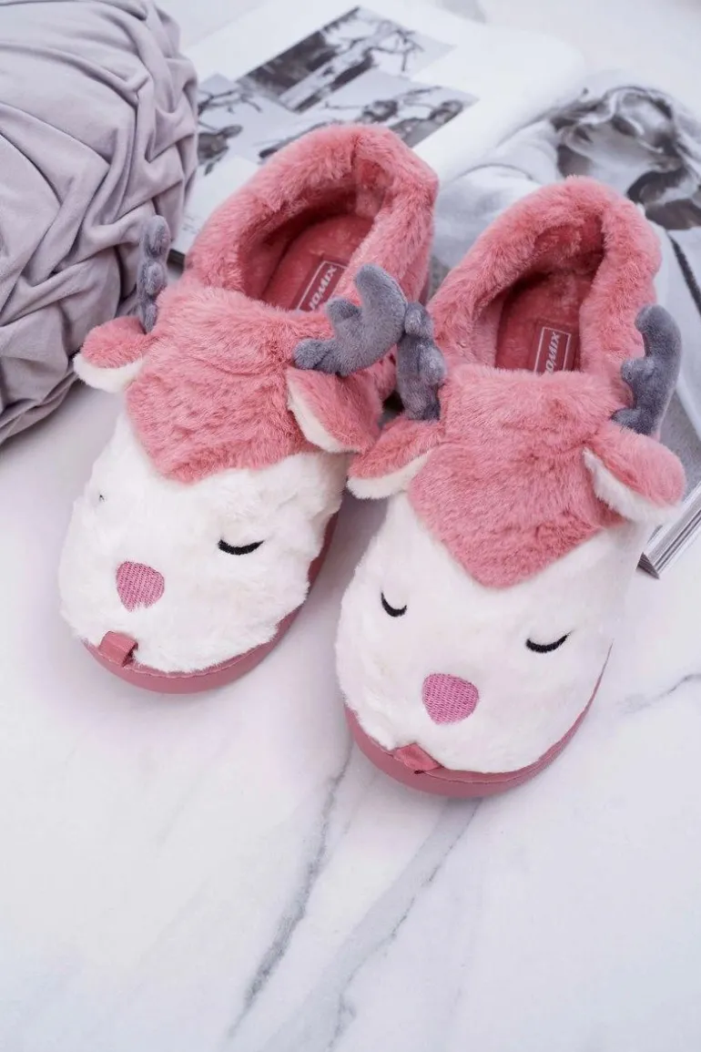 Papcie Damskie Z Futerkiem Renifery Ciemny Róż Reindeer