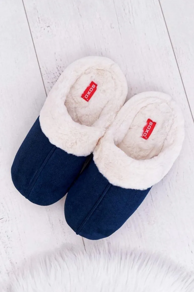 Papcie Męskie SOXO Klapki Z Futerkiem Granatowe 70103