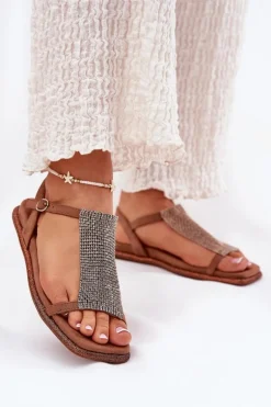 Płaskie Eleganckie Sandały Damskie Z Kryształkami Artiker 56C1365 Brązowe