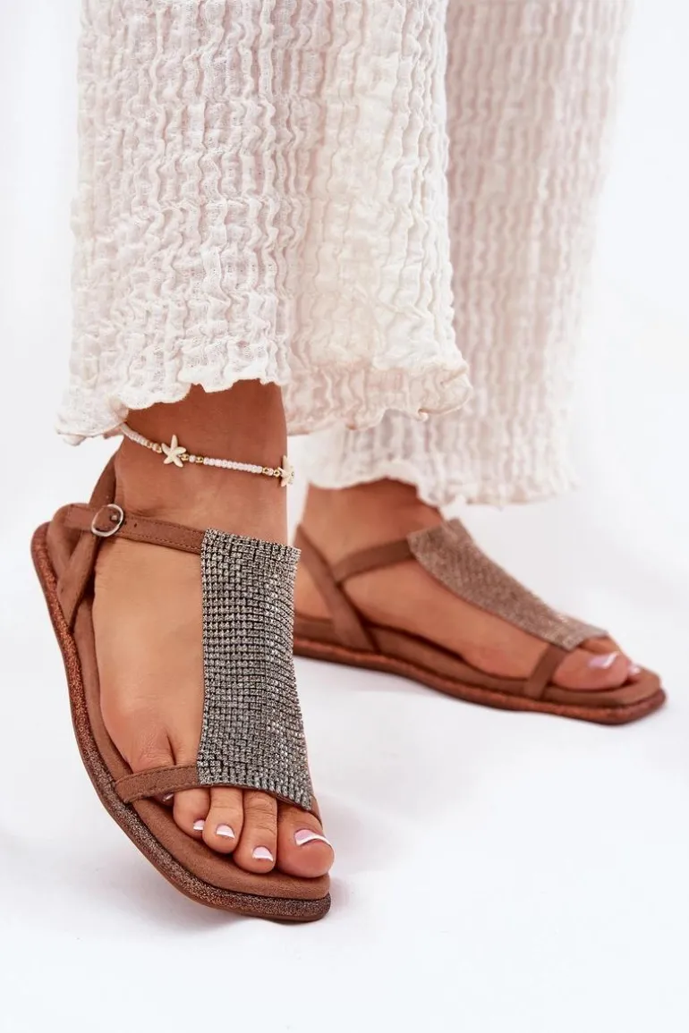 Płaskie Eleganckie Sandały Damskie Z Kryształkami Artiker 56C1365 Brązowe