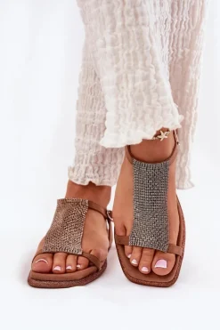 Płaskie Eleganckie Sandały Damskie Z Kryształkami Artiker 56C1365 Brązowe