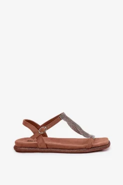 Płaskie Eleganckie Sandały Damskie Z Kryształkami Artiker 56C1365 Brązowe